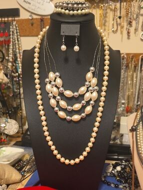 Classic Faux Pearls Multi-Strand Necklace Set with Silver Accents
